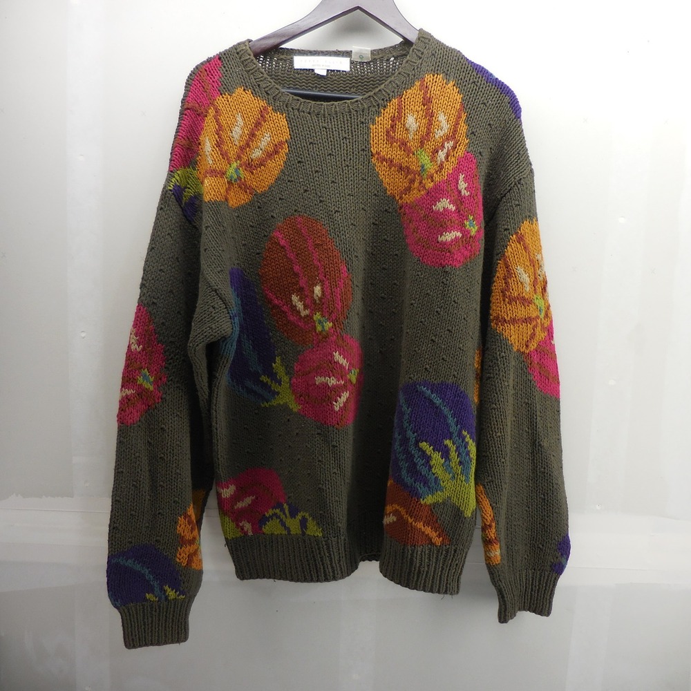Perry Ellis Vintage Hand Knitted Cotton Sweater Olive Green Abstract Intarsia S
